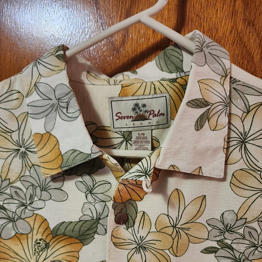 Men's L Seven Palm Yellow Silk Floral Hawaiian Short Sleeve Button Down Shirt